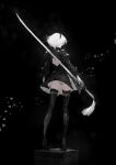  1girl ass back_cutout black_background black_dress black_hairband boots clothing_cutout dress from_behind hairband high_heel_boots high_heels highres holding holding_sword holding_weapon juliet_sleeves kazama_raita long_sleeves nier:automata nier_(series) puffy_sleeves short_hair simple_background solo sword thigh-highs thigh_boots weapon white_hair yorha_no._2_type_b 