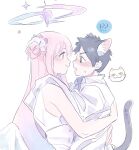  1boy 1girl animal_ears black_hair blue_archive blush cat cat_boy cat_ears cat_tail collared_shirt commentary dress ekoru eye_contact face-to-face from_side hair_bun halo hetero highres hug long_hair looking_at_another low_wings mika_(blue_archive) open_mouth pink_hair profile sensei_(blue_archive) shirt simple_background single_side_bun sketch smile sweatdrop symbol-only_commentary tail upper_body white_background white_dress white_shirt white_wings wings yellow_eyes 