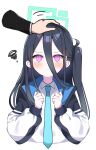  &lt;key&gt;_(blue_archive) 1girl aris_(blue_archive) black_hair black_hairband blue_archive blue_necktie blush closed_mouth commentary_request hair_between_eyes hairband halo heart highres jacket long_hair long_sleeves murase48 necktie petting pink_eyes shirt side_ponytail simple_background smile solo_focus teeth upper_body upper_teeth_only white_background white_jacket white_shirt 