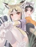  2girls animal_ears back-to-back bangs black_hair blonde_hair bow bowtie brown_eyes brown_hair closed_mouth crab-eating_raccoon_(kemono_friends) day elbow_gloves extra_ears fang fox_ears fox_girl fox_tail fur_trim gloves grey_hair highres index_finger_raised kemono_friends knees_up looking_at_viewer looking_back multicolored_hair multiple_girls open_mouth orange_eyes outdoors outstretched_arm raccoon_ears raccoon_girl raccoon_tail rueppell&#039;s_fox_(kemono_friends) sarutori shirt short_sleeves sitting skirt smile tail thigh-highs white_hair 