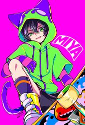  1boy black_shorts character_name choco_(moyasi) gloves green_hoodie hair_between_eyes highres hood hoodie male_focus miya_(sk8) open_mouth pink_background purple_socks shoes shorts simple_background sk8_the_infinity skateboard sneakers socks striped striped_gloves tail yellow_footwear 