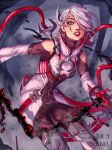  1girl apex_legends bangs blood_moon_catalyst breasts catalyst_(apex_legends) chin_piercing clothing_cutout colored_tips english_commentary eyeshadow gloves grey_eyes grey_hair hair_behind_ear hair_over_one_eye jacket leaning_forward liquid looking_at_viewer makeup multicolored_hair nose_piercing nose_ring official_alternate_costume one_eye_covered open_hand parted_lips piercing red_eyeshadow red_gloves redhead shoulder_cutout small_breasts solo western_comics_(style) white_jacket wide-eyed wiki_(juicykiwi) 