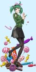  absurdres alternate_costume black_skirt cake candy candy_cane cookie fire_emblem fire_emblem_fates food full_body gelatin green_sweater highres igni_tion lollipop midori_(fire_emblem) pantyhose short_twintails skirt solo sweater twintails violet_eyes wrapped_candy 