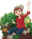  1boy :d arm_up bangs beanie brown_eyes brown_hair cable_knit commentary_request denim futako_(gemini_ds) grey_headwear grookey hat highres jeans male_focus open_mouth pants pokemon pokemon_(game) pokemon_swsh red_shirt rillaboom shirt sleeves_rolled_up smile swept_bangs teeth torn_clothes torn_jeans torn_pants upper_teeth_only victor_(pokemon) white_background 