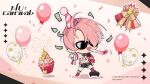  1boy androgynous aster_(nu_carnival) balloon chibi confetti fang gem highres male_focus money nu_carnival official_art open_mouth pink_eyes pink_hair short_hair standing sunglasses vampire 