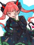  1girl :d animal_ears animal_print black_bow bow cat_ears cat_print dress extra_ears fang green_dress heart highres kaenbyou_rin komori_(komo_ricecake) one_eye_closed open_mouth pointy_ears puffy_sleeves red_eyes redhead simple_background skin_fang smile solo touhou twintails white_background 