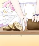  1girl angel_wings blue_archive c/h cake commentary cutting cutting_board english_commentary food highres holding holding_knife kitchen_knife knife korean_commentary long_hair mika_(blue_archive) out_of_frame pink_hair school_uniform scrunchie solo swiss_roll white_wings wings wrist_scrunchie 