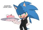  1boy animal_ears animal_nose arm_behind_back black_pants black_vest blue_fur bow bowtie buttons cake cherry english_commentary english_text fang fangs food fruit furry furry_male gloves green_eyes grey_bow grey_bowtie half-closed_eyes hand_up hedgehog hedgehog_ears hedgehog_tail highres holding holding_tray long_sleeves looking_at_viewer male_focus open_mouth pants pink_gloves shirt simple_background smile solo sonic_(series) sonic_the_hedgehog speech_bubble standing tail tongue toonsite tray vest white_background white_shirt 