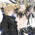  2boys arms_at_sides aztec black_coat blonde_hair blue_eyes braid coat daybit_sem_void fate/grand_order fate_(series) feet_out_of_frame floating juer1004 long_hair looking_at_viewer male_focus multiple_boys navel simple_background skull smile tezcatlipoca_(fate) tezcatlipoca_(third_ascension)_(fate) twin_braids white_background 