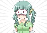  1girl aqua_hair arms_at_sides bangs beads blunt_bangs buttons closed_mouth collared_shirt covered_eyes frown futaba_sana futaba_sana_(roomwear_costume) green_shirt hair_beads hair_ornament kokubou_(nanamikeiroha) kyubey magia_record:_mahou_shoujo_madoka_magica_gaiden mahou_shoujo_madoka_magica medium_hair objectification off_shoulder shirt short_sleeves sidelocks simple_background sleep_mask solo split_mouth striped striped_shirt twintails upper_body vertical-striped_shirt vertical_stripes wavy_hair white_background 