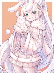  1girl :d andou_inari andou_inari_official animal animal_ear_fluff animal_ears chinese_zodiac fake_animal_ears fang fur-trimmed_jacket fur_trim hair_ornament highres holding holding_animal jacket kupa_(jesterwii) long_hair long_sleeves looking_at_viewer open_mouth orange_background pleated_skirt rabbit rabbit_ears skin_fang skirt smile solo standing tail two-tone_background very_long_hair virtual_youtuber white_background year_of_the_rabbit 