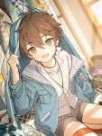  1boy aged_down blush brown_eyes brown_hair chocomilk_nu eiden_(nu_carnival) gem hair_ornament hairclip jewelry long_sleeves looking_at_viewer male_child male_focus necklace nu_carnival official_alternate_costume open_mouth short_hair smile 