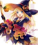  1girl blonde_hair blue_eyes boots bow broom broom_riding dress gloves hana_(mew) happy_halloween hat highres long_hair open_mouth puffy_short_sleeves puffy_sleeves pumpkin puyopuyo short_sleeves simple_background smile solo star_(symbol) striped striped_thighhighs thigh-highs witch_(puyopuyo) witch_hat 