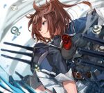  1girl belt blue_dress blue_eyes breasts brown_belt brown_hair dress flower flower_on_breast grey_skirt highres kantai_collection looking_away medium_breasts miniskirt ponytail red_flower red_rose rose sheffield_(kancolle) short_sleeves skirt solo sunday_aki turret 