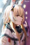  1girl absurdres animal_ear_fluff animal_ears arknights armor bangs blonde_hair blurry chinese_commentary commentary_request depth_of_field from_side hair_between_eyes hair_ornament highres horse_ears horse_girl long_hair nearl_(arknights) nearl_the_radiant_knight_(arknights) orange_eyes ponytail portrait ressec signature solo star_(symbol) 