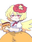  1girl animal animal_on_head bangs bird bird_on_head bird_wings blonde_hair blush_stickers chahan_(fried_rice0614) chick chicken_ramen closed_mouth dress feathered_wings hair_between_eyes highres hiyoko-chan holding multicolored_hair nissin niwatari_kutaka on_head orange_dress red_eyes shirt short_hair short_sleeves simple_background solo touhou two-tone_hair white_background white_shirt wings yellow_wings 