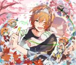  1boy 2019 amai_kuro black_shirt chibi dated green_eyes happy_birthday idolmaster idolmaster_side-m long_sleeves looking_at_viewer male_focus open_mouth orange_hair shirt short_hair smile solo sweatband wakazato_haruna white_background 