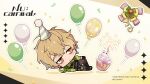  1boy bags_under_eyes balloon birthday_cake blonde_hair cake chibi confetti food foodification hat highres long_sleeves lying male_focus nu_carnival official_art on_side orange_eyes party_hat quincy_(nu_carnival) short_hair topper_(nu_carnival) 
