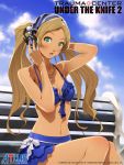  1girl angie_thompson arms_up bare_shoulders bikini blonde_hair blush clouds copyright_name green_eyes headphones necklace open_mouth sitting solo swimsuit trauma_center twintails 