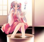  =_= basin blush cameo fan feet_in_water highres hiiragi_kagami izumi_konata japanese_clothes kimono lucky_star miko mole namamo_nanase off_shoulder open_clothes open_kimono paper_fan soaking_feet twintails uchiwa veranda water wet wind_chime 