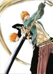  belt bleach brown_eyes closed_mouth dual_persona gloves holding holding_sword holding_weapon jacket kurosaki_ichigo long_sleeves male male_focus official_art open_mouth orange_hair short_hair simple_background sword tite_kubo weapon white_background 
