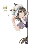  1girl animal_ears blue_eyes bow bowtie brown_hair cheval_grand_(umamusume) hat hiding horse_ears horse_girl horse_tail horseshoe_ornament looking_at_viewer peaked_cap puffy_short_sleeves puffy_sleeves purple_bow purple_bowtie purple_serafuku purple_shirt sailor_collar sailor_shirt school_uniform serafuku shirt short_hair short_sleeves simple_background solo tail tracen_school_uniform umamusume usako_(umauma0602) white_background white_headwear 