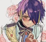  1boy blush closed_mouth ensemble_stars! floral_background flower gloves long_sleeves looking_at_viewer male_focus multicolored_hair pink_flower pink_rose purple_hair rose sengoku_shinobu short_hair sketch solo usahana101 white_background yellow_eyes 