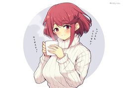  1girl bangs blush bob_cut circle cup highres holding holding_cup mochimochi_(xseynao) mug pyra_(xenoblade) red_eyes redhead short_hair steam sweater swept_bangs teeth turtleneck turtleneck_sweater upper_body white_sweater xenoblade_chronicles_(series) xenoblade_chronicles_2 