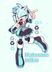  1girl ;) amy_rose animal_ears animal_nose arms_up bangs black_sleeves blue_eyes blue_hair boots cherry_blossoms copyright_name cosplay detached_sleeves dress fingerless_gloves full_body gloves hairband hatsune_miku hatsune_miku_(cosplay) highres holding holding_microphone kiioki11 looking_at_viewer microphone music necktie one_eye_closed short_dress short_hair simple_background singing sleeveless sleeveless_dress smile solo sonic_(series) tail vocaloid 