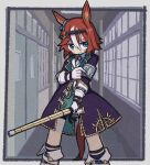  1girl animal_ears armband bamboo_memory_(umamusume) black_coat black_socks blush boots brown_hair closed_mouth coat collared_shirt door feet_out_of_frame gloves green_eyes green_skirt hair_ornament holding holding_sword holding_weapon horse_ears horse_girl horse_tail indoors long_sleeves looking_at_viewer multicolored_hair shinai shirt short_hair skirt socks solo standing streaked_hair sudzume sword tail umamusume vest weapon white_footwear white_gloves white_vest window 