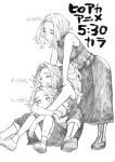  3girls :/ absurdres age_progression aged_down bangs bare_arms belt bent_over between_legs bodysuit boku_no_hero_academia boots breasts closed_mouth dorsiflexion dress female_child full_body graphite_(medium) greyscale hands_on_another&#039;s_shoulders hands_on_own_knees happy head_on_head head_rest highres horikoshi_kouhei hug hug_from_behind knee_boots knees_up large_breasts long_hair looking_at_another looking_up monochrome multiple_girls parted_bangs pleated_skirt ponytail raised_eyebrows ribbon-trimmed_dress shoe_soles short_hair sidelocks simple_background sitting skirt sleeveless sleeveless_bodysuit sleeveless_turtleneck_dress spread_legs standing time_paradox toes_up traditional_media utility_belt white_background 