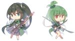  2others adagumo_no_saragimaru adagumo_no_yaorochi androgynous black_eyes black_hair black_shirt capelet chibi chinese_commentary closed_mouth commentary_request fang green_hair green_scarf hakama hakama_skirt holding holding_polearm holding_sword holding_weapon japanese_clothes jian_xing_zao len&#039;en light_frown long_hair long_sleeves multiple_others open_mouth other_focus polearm purple_capelet purple_shorts red_eyes scarf shirt shorts siblings side_ponytail simple_background skin_fang skirt sword tasouken weapon white_background 