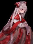  1girl bangs black_background blush bow closed_mouth commentary_request dress fujiwara_no_mokou grey_hair hair_bow highres long_hair long_sleeves looking_at_viewer mokoiscat red_eyes sidelocks signature simple_background solo touhou very_long_hair white_bow 