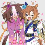  2girls ahoge animal_ears blue_jacket blush blush_stickers breasts brown_hair didi_(whaqlrpwjd) ears_down epaulettes flat_chest floral_print flower gloves hair_flower hair_ornament hairband hakama horse_ears horse_girl horse_tail jacket japanese_clothes large_breasts long_sleeves looking_at_another medium_hair meisho_doto_(padding_sores_should_she_go_flying)_(umamusume) meisho_doto_(umamusume) multicolored_hair multiple_girls obi one_eye_closed open_mouth orange_hair profile reaching_towards_viewer sash short_hair skirt smile sweat t.m._opera_o_(blue_dazzle)_(umamusume) t.m._opera_o_(umamusume) tail tearing_up two-tone_hair umamusume violet_eyes white_gloves white_skirt 