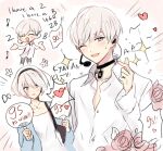  1boy 1girl artist_name black_hairband blue_eyes blush couple dinikee earpiece english_text hairband hand_fan heart hetero nier:automata nier_(series) one_eye_closed shirt short_hair simple_background smile sparkle white_background white_hair white_shirt yorha_no._2_type_b yorha_no._9_type_s 