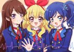  3girls :d aikatsu! aikatsu!_(series) blonde_hair blue_eyes blue_hair blue_jacket blush bow hair_bow hairband highres hoshimiya_ichigo jacket kiriya_aoi long_hair long_sleeves looking_at_viewer multiple_girls neck_ribbon open_mouth red_eyes red_ribbon ribbon school_uniform scrunchie shibuki_ran shinji_(udonteishoku) shirt side_ponytail smile starlight_academy_school_uniform violet_eyes white_shirt 