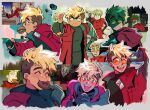  1boy blonde_hair blue_eyes blush coat doughnut earrings eating food food_in_mouth glasses grey_background highres jewelry male_focus mole open_mouth photo-referenced ragnarozzy red_coat sandwich shaded_face short_hair simple_background smile spiky_hair sunglasses thumbs_up trigun trigun_stampede undercut vash_the_stampede 