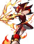  1boy angry animal_ears black_hair bow fire full_body furry furry_male gloves highres looking_to_the_side male_focus multicolored_hair red_eyes redhead shadow_the_hedgehog shoes solo solo_focus sonic_(series) tail usa37107692 weapon white_background white_gloves 
