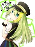  1girl alina_gray aqua_eyes black_headwear black_vest blonde_hair chain character_name from_behind fur_cuffs green_hair hair_between_eyes hat highres karen_mdmg long_hair looking_at_viewer magia_record:_mahou_shoujo_madoka_magica_gaiden magical_girl mahou_shoujo_madoka_magica multicolored_clothes multicolored_hair multicolored_skirt peaked_cap pleated_skirt puffy_short_sleeves puffy_sleeves short_sleeves sidelocks skirt solo standing straight_hair streaked_hair striped striped_skirt vertical-striped_skirt vertical_stripes very_long_hair vest 