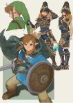  1boy ancient_set_(zelda) armor arrow_(projectile) bangs blonde_hair blue_eyes boots cape earrings fingerless_gloves full_body gloves green_headwear hair_ornament helmet highres holding holding_shield ivy_(sena0119) jewelry link long_hair looking_at_viewer male_focus multiple_views pointy_ears shield shoulder_armor standing sword the_legend_of_zelda the_legend_of_zelda:_breath_of_the_wild weapon 
