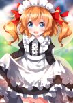  1girl alternate_costume apron bangs black_dress blue_eyes blush dress enmaided fairy fairy_wings feet_out_of_frame frilled_apron frilled_dress frills hair_between_eyes highres juliet_sleeves long_sleeves looking_at_viewer maid maid_apron maid_headdress medium_hair open_mouth orange_hair puffy_sleeves ruu_(tksymkw) smile solo sunny_milk touhou two_side_up white_apron wings 