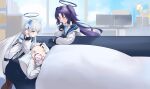  2girls 463_jun absurdres arona&#039;s_sensei_doodle_(blue_archive) blanket blue_archive couch halo highres multiple_girls noa_(blue_archive) purple_hair sensei_(blue_archive) sleeping white_hair yuuka_(blue_archive) 