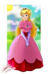  1girl absurdres blonde_hair blue_eyes breasts crown dress earrings elbow_gloves fross2art gloves highres jewelry long_hair pink_dress princess_peach solo super_mario_bros. white_gloves 