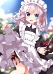  1girl apron bangs black_dress blue_bow blue_eyes blue_sky blurry blurry_background blush bow braid breasts bush buttons collared_dress day dress flower garden grey_hair hair_between_eyes hair_bow hands_up highres holding holding_knife holding_weapon izayoi_sakuya juliet_sleeves knife long_sleeves looking_away maid maid_headdress medium_breasts one-hour_drawing_challenge open_mouth outdoors pink_flower pink_rose puffy_sleeves rose ruu_(tksymkw) short_hair sky smile solo standing tongue touhou twin_braids weapon white_apron 