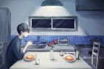  1boy absurdres black_hair black_shirt chair cooking_pot eating fork glass halnaga_oyogu highres holding holding_fork indoors kitchen light_bulb napolitan original picture_frame profile refrigerator shirt sink sitting solo spice_rack stove table vase veil window 