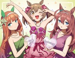  1-4daithi 3girls :d ;d ahoge alternate_costume animal_ears anniversary aqua_eyes bangs blue_eyes blunt_bangs blush bow brown_eyes brown_hair dress ear_covers ear_ornament green_dress hair_between_eyes hair_bow hairband highres hime_cut horse_ears horse_girl jewelry long_hair looking_at_viewer mihono_bourbon_(umamusume) multiple_girls necklace nigekiri_sisters_(umamusume) one_eye_closed orange_hair pink_bow purple_dress red_dress short_hair silence_suzuka_(umamusume) sleeveless sleeveless_dress smart_falcon_(umamusume) smile twintails umamusume v white_hairband 