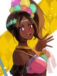  1girl :d aoisu_ao bare_shoulders breasts brown_hair dark-skinned_female dark_skin fire_emblem fire_emblem_engage hair_ornament highres looking_at_viewer open_mouth ponytail red_eyes smile solo star-shaped_pupils star_(symbol) symbol-shaped_pupils teeth timerra_(fire_emblem) twitter_username upper_body upper_teeth_only 