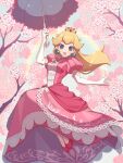  1girl :d bangs blonde_hair blue_eyes blue_gemstone blue_sky blush branch cherry_blossoms commentary crown day dress earrings elbow_gloves eyelashes floating_hair frills full_body gem gloves hand_up holding holding_umbrella jewelry lace-trimmed_dress lace_trim long_hair looking_at_viewer mini_crown miri_(cherryjelly) open_mouth outdoors parasol pink_dress pink_footwear pink_umbrella princess_peach puffy_short_sleeves puffy_sleeves rainbow shoes short_sleeves sidelocks sky smile solo sparkle sphere_earrings super_mario_bros. super_smash_bros. tree umbrella white_gloves 