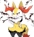  1girl anger_vein angry animal_ear_fluff animal_ears animal_nose arm_behind_back black_fur blush body_fur braixen breaking clenched_hand clenched_teeth commentary_request cowboy_shot fang flat_chest fox_ears fox_girl fox_tail fur_collar furry furry_female hand_up highres korean_commentary mixed-language_commentary multicolored_fur nunvora partial_commentary pokemon pokemon_(creature) red_eyes snout solo stick tail teeth thighs white_background white_fur yellow_fur 