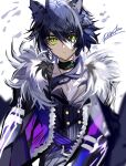  1boy absurdres animal_ears arknights bangs black_jacket blue_hair closed_mouth commentary_request ear_piercing fur-trimmed_jacket fur_trim green_eyes hair_over_one_eye highres jacket looking_at_viewer male_focus piercing purple_jacket shirt signature simple_background solo upper_body vigil_(arknights) watashiwane white_background white_shirt 